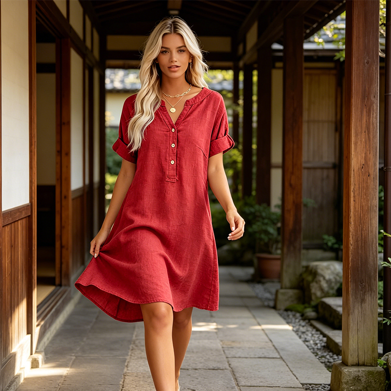 OFFRE LIMITÉE 50 % DE RÉDUCTION Robe Tunique Indispensable Col V avec Poches Mélange de coton doux, facile d'entretien, poches des deux côtés. Un basique de garde-robe pour le printemps, l'été et la superposition en automne.