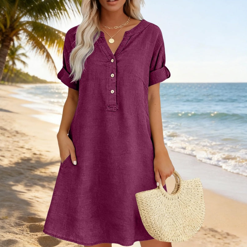 OFFRE LIMITÉE 50 % DE RÉDUCTION Robe Tunique Indispensable Col V avec Poches Mélange de coton doux, facile d'entretien, poches des deux côtés. Un basique de garde-robe pour le printemps, l'été et la superposition en automne.