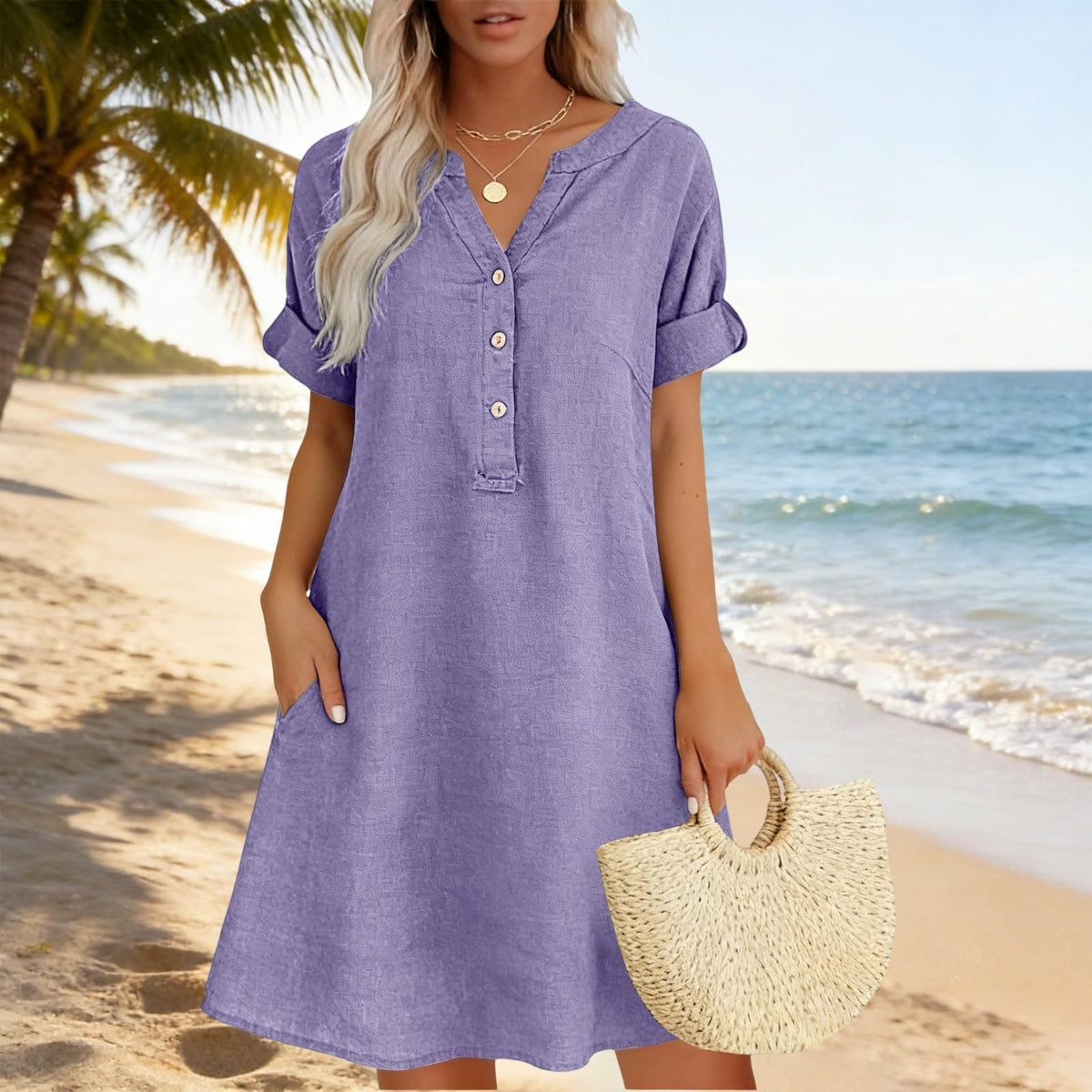 OFFRE LIMITÉE 50 % DE RÉDUCTION Robe Tunique Indispensable Col V avec Poches Mélange de coton doux, facile d'entretien, poches des deux côtés. Un basique de garde-robe pour le printemps, l'été et la superposition en automne.