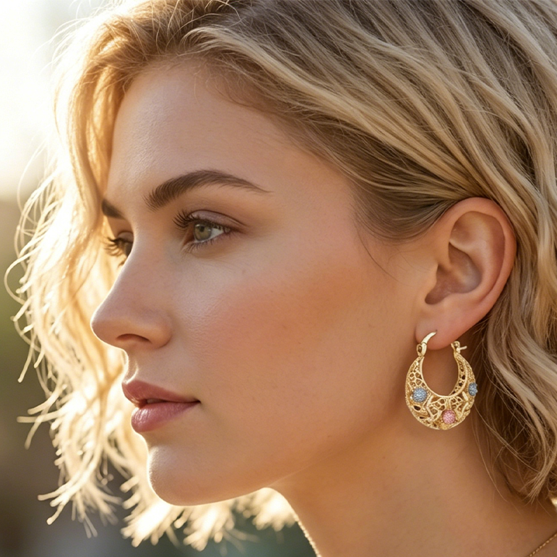 OFFRE LIMITÉE -50% Boucles d'oreilles Croissant Plaqué Or, Émaillées, Filigranes