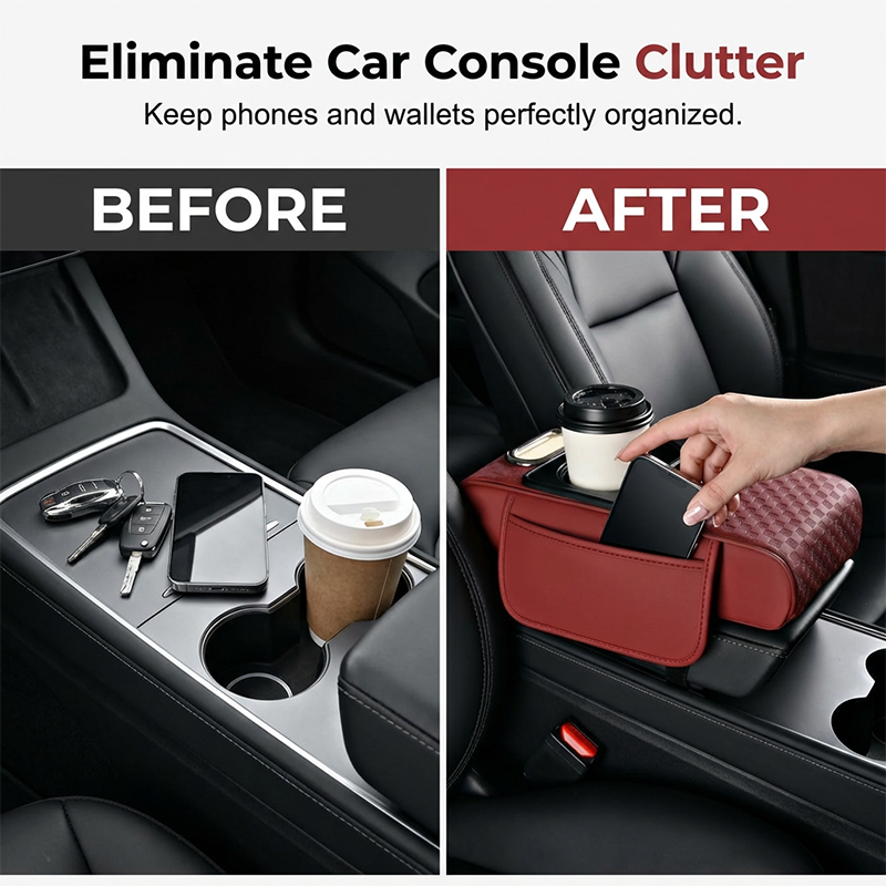 Coussin d'accoudoir de voiture, housse de console centrale 5 en 1 avec 2 sacs de rangement, porte-gobelet, emplacement pour boîte à mouchoirs, support pour téléphone pour berlines, accessoires de voiture, organisateurs intérieurs