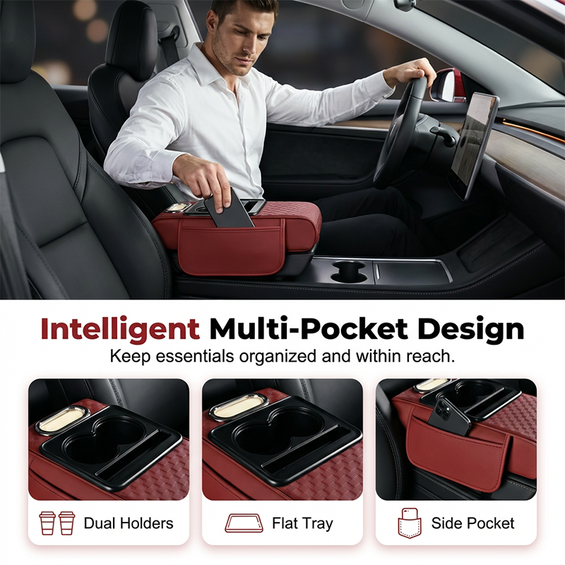 Coussin d'accoudoir de voiture, housse de console centrale 5 en 1 avec 2 sacs de rangement, porte-gobelet, emplacement pour boîte à mouchoirs, support pour téléphone pour berlines, accessoires de voiture, organisateurs intérieurs