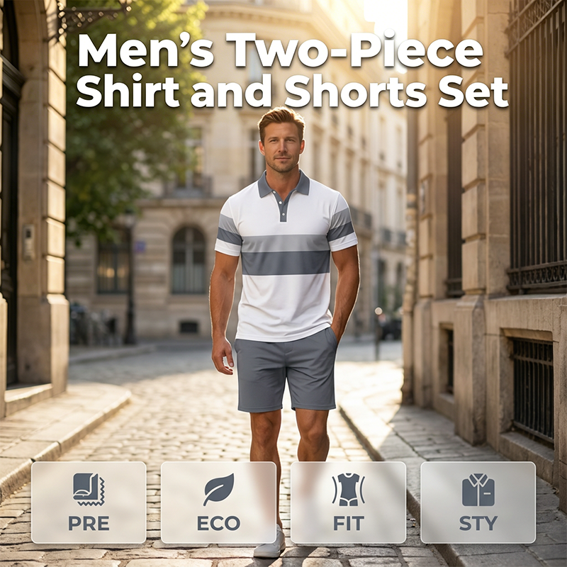 Ensemble 2 pièces chemise et short pour homme, imprimé numérique, tissu premium respirant, coupe athlétique, infroissable, 5 coloris, S-XL. 2 achetés = livraison gratuite.
