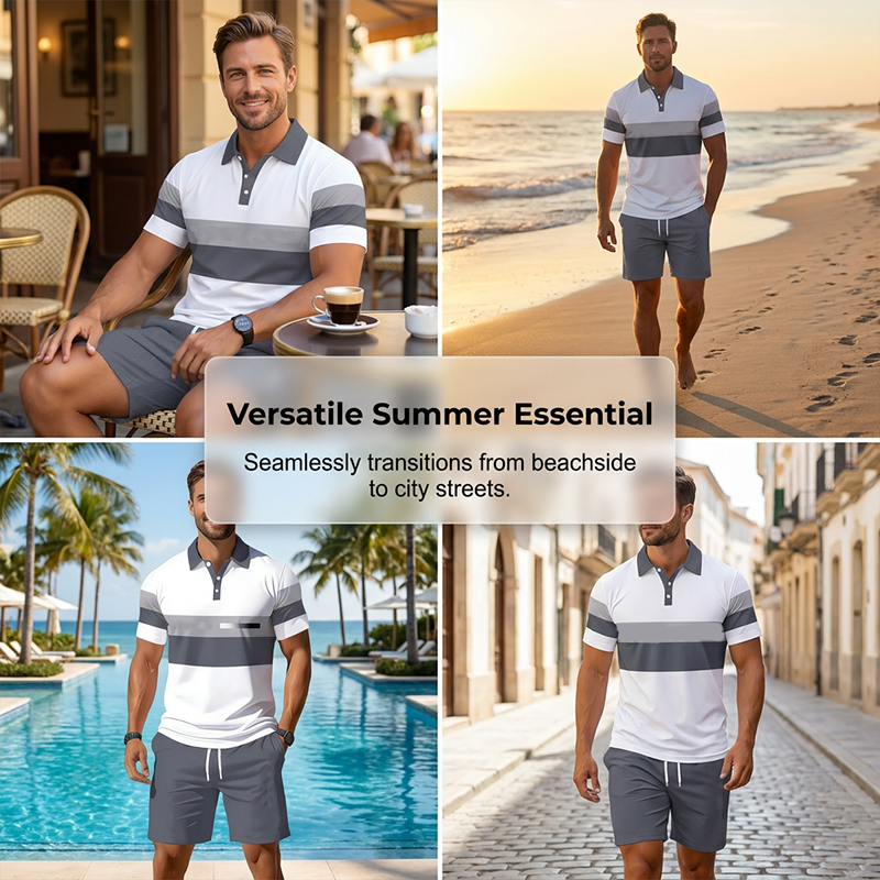 Ensemble 2 pièces chemise et short pour homme, imprimé numérique, tissu premium respirant, coupe athlétique, infroissable, 5 coloris, S-XL. 2 achetés = livraison gratuite.