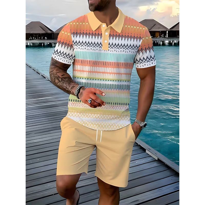 Ensemble 2 pièces chemise et short pour homme, imprimé numérique, tissu premium respirant, coupe athlétique, infroissable, 5 coloris, S-XL. 2 achetés = livraison gratuite.