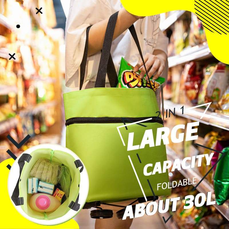 Sac de courses pliable 2-en-1 à roulettes avec roues style bagage