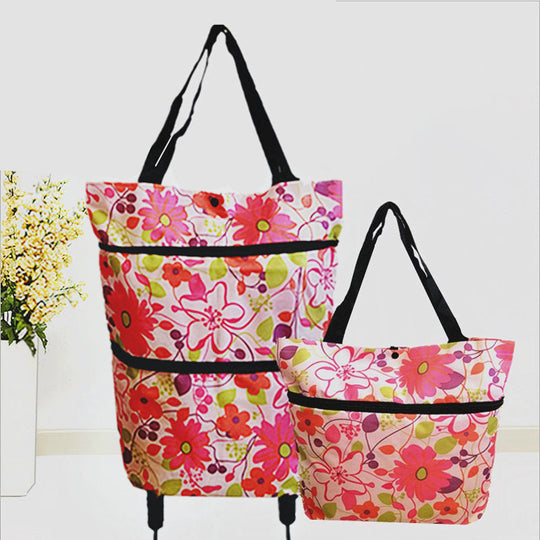 Sac de courses pliable 2-en-1 à roulettes avec roues style bagage