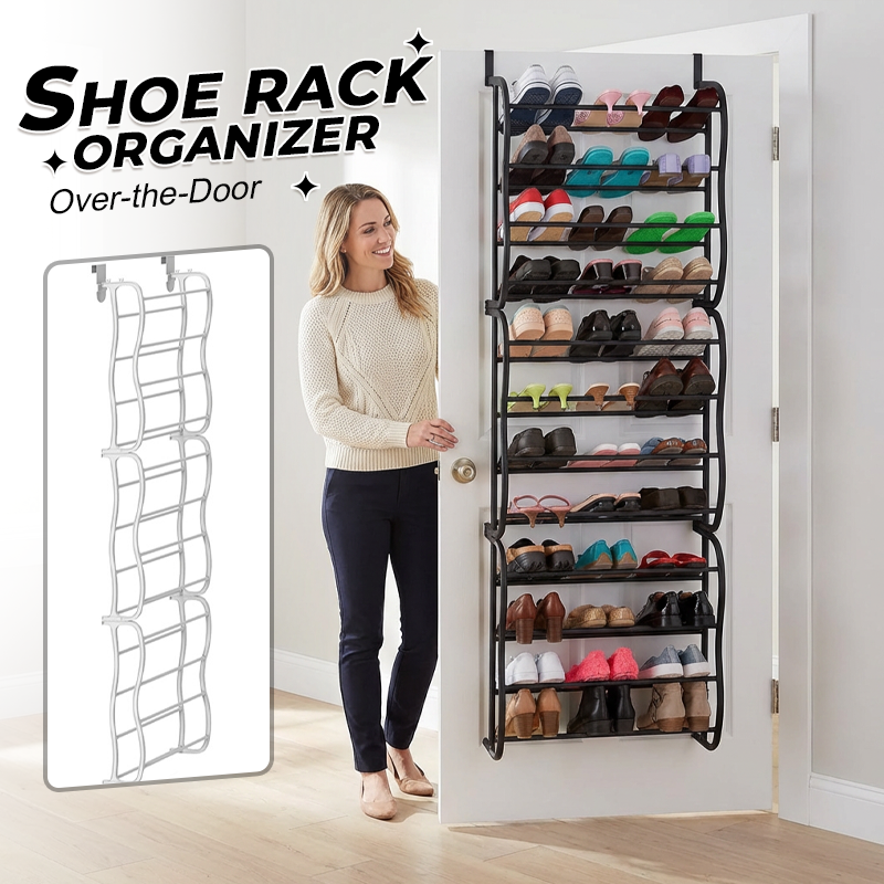 Organisateur de chaussures suspendu pour porte, jusqu'à 36 paires, métal robuste et stable, étagères inclinées antidérapantes pour talons, bottes et baskets, installation sans outils en quelques secondes, 3 coloris, 4-8-12 niveaux