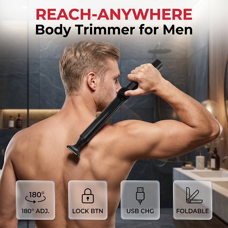 RÉDUCTION Tondeuse pour le corps Reach-Anywhere Manche télescopique, têtes de précision. Tondez vous-même votre dos, votre torse et vos jambes sans avoir besoin d'aide.