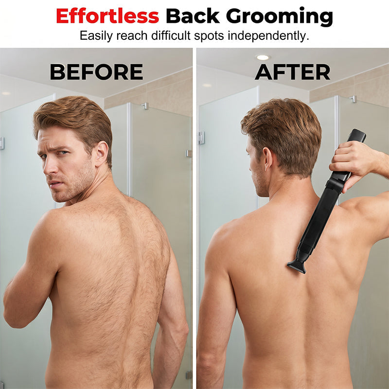 RÉDUCTION Tondeuse pour le corps Reach-Anywhere Manche télescopique, têtes de précision. Tondez vous-même votre dos, votre torse et vos jambes sans avoir besoin d'aide.