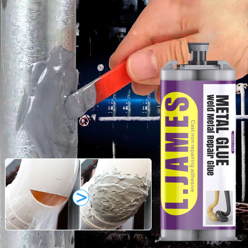 DE RDUCTION Colle de réparation pour métaux Soudure Répare les pots d'échappement, les tuyaux métalliques et bien plus encore. Durcit à température ambiante, peut être poncée, percée et peinte après durcissement.