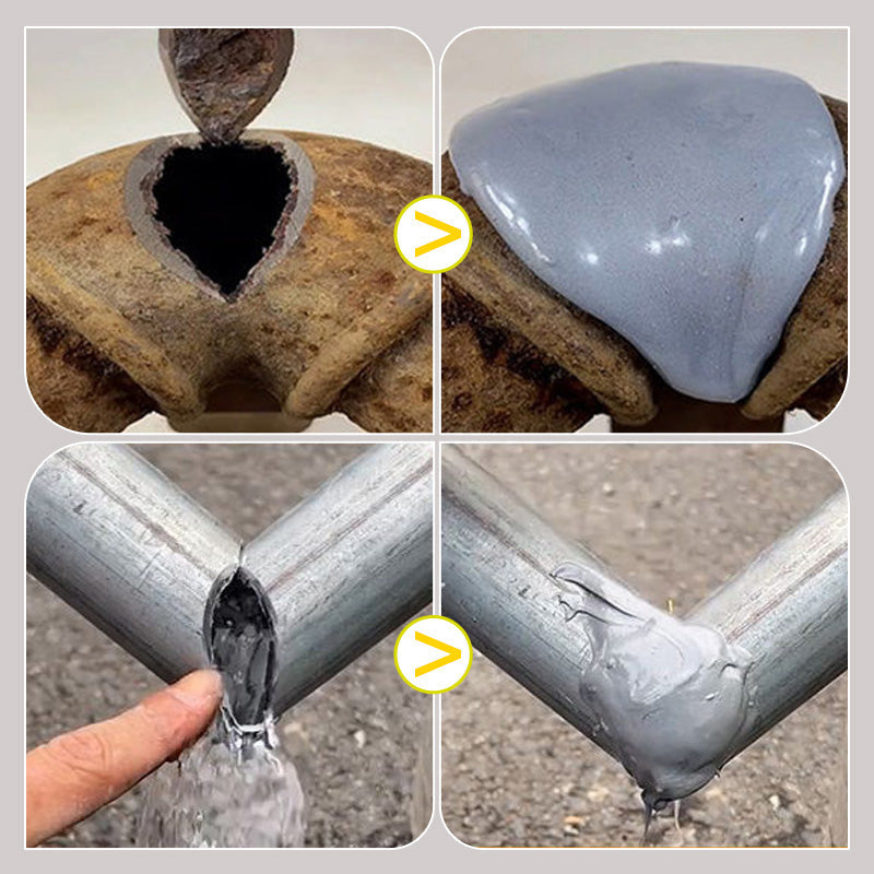 DE RDUCTION Colle de réparation pour métaux Soudure Répare les pots d'échappement, les tuyaux métalliques et bien plus encore. Durcit à température ambiante, peut être poncée, percée et peinte après durcissement.