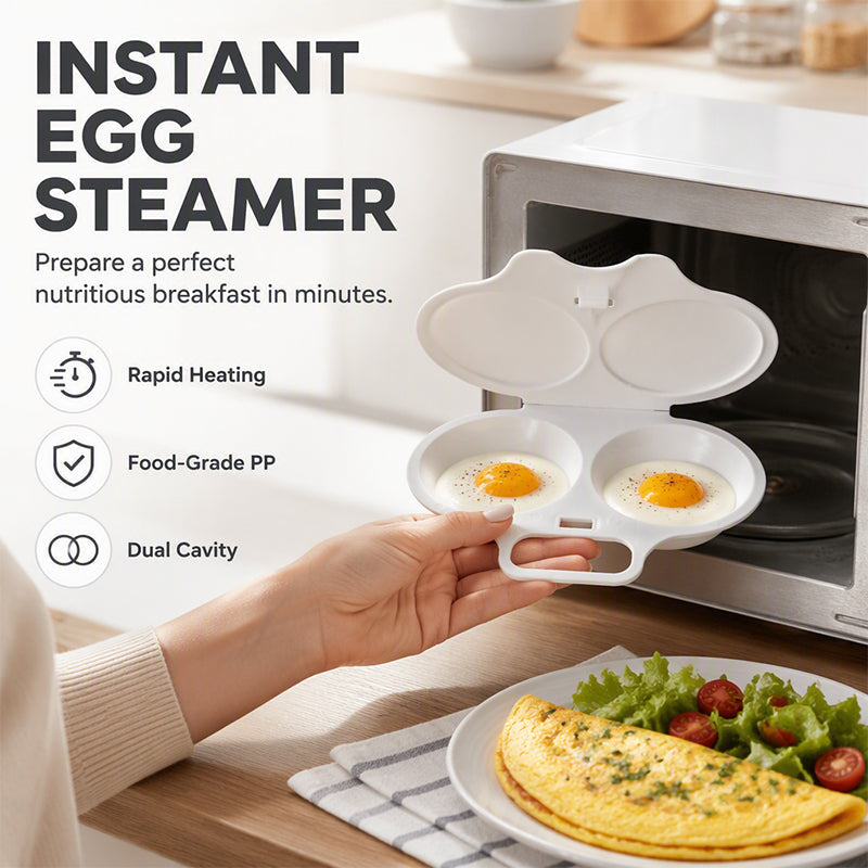 RÉDUCTION POUR UNE DURÉE LIMITÉE Cuiseur à œufs pour micro-ondes double compartiment Cuisson rapide sans huile, en PP de qualité alimentaire et polyvalent. Idéal pour les matins pressés : un petit-déjeuner sain en quelques minutes