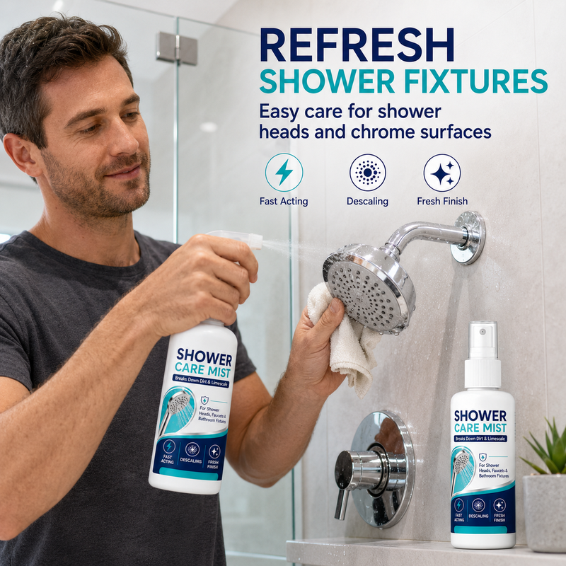 Vaporisateur détartrant pour douche action rapide élimine les dépôts minéraux tenaces et les taches d'eau calcaire. Rétablit le débit d'eau et redonne de l'éclat : il suffit de vaporiser et d'essuyer.
