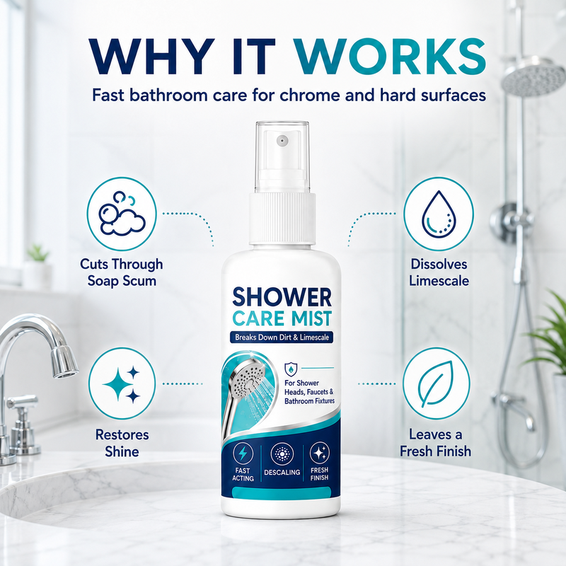 Vaporisateur détartrant pour douche action rapide élimine les dépôts minéraux tenaces et les taches d'eau calcaire. Rétablit le débit d'eau et redonne de l'éclat : il suffit de vaporiser et d'essuyer.