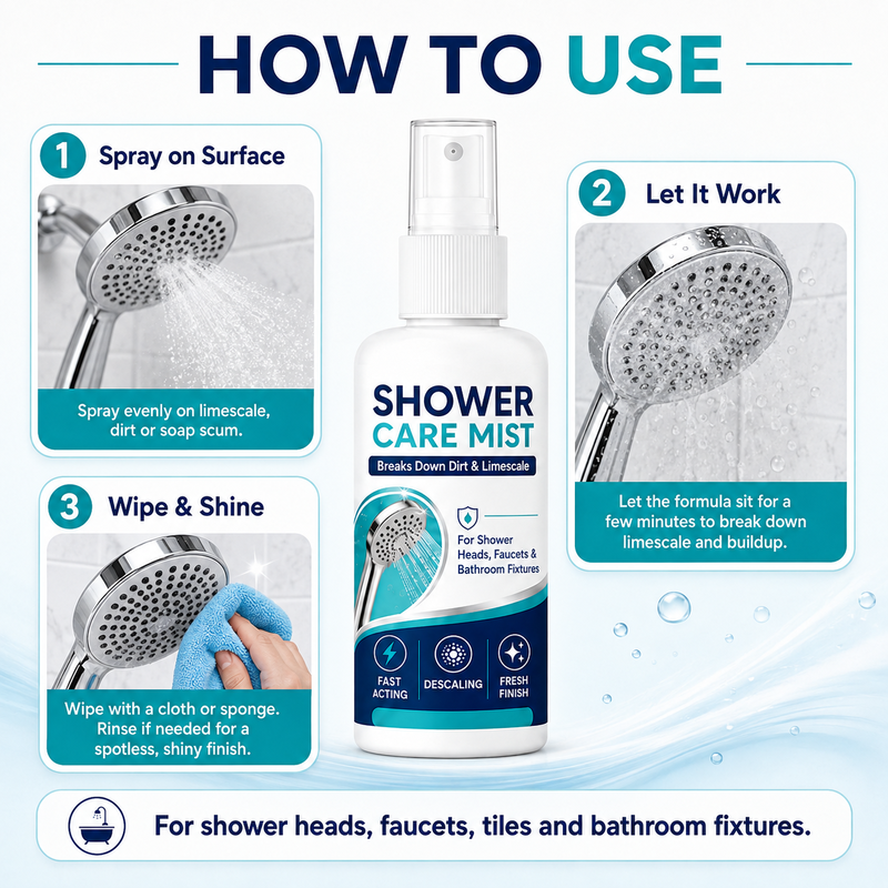 Vaporisateur détartrant pour douche action rapide élimine les dépôts minéraux tenaces et les taches d'eau calcaire. Rétablit le débit d'eau et redonne de l'éclat : il suffit de vaporiser et d'essuyer.