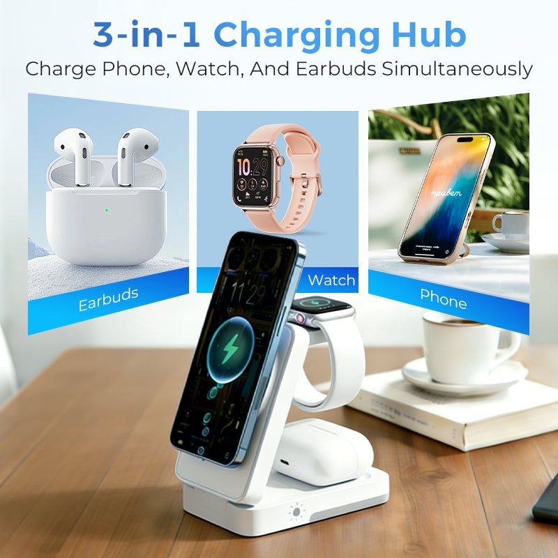 Support de charge magnétique pliable 3-en-1 pour vos appareils quotidiens