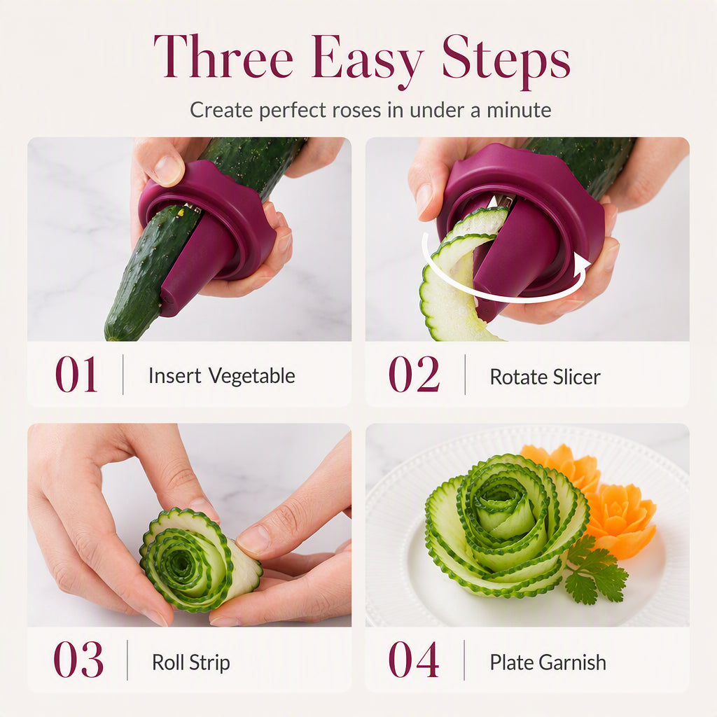 Spiralizer and manual vegetable cutter to make roses Transform your carrots into restaurant-worthy roses in 60 seconds