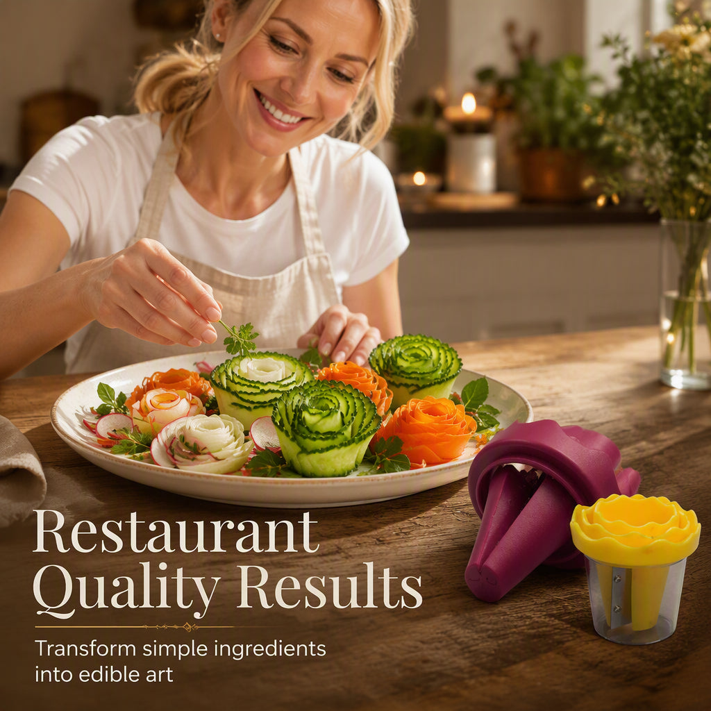 Spiralizer and manual vegetable cutter to make roses Transform your carrots into restaurant-worthy roses in 60 seconds
