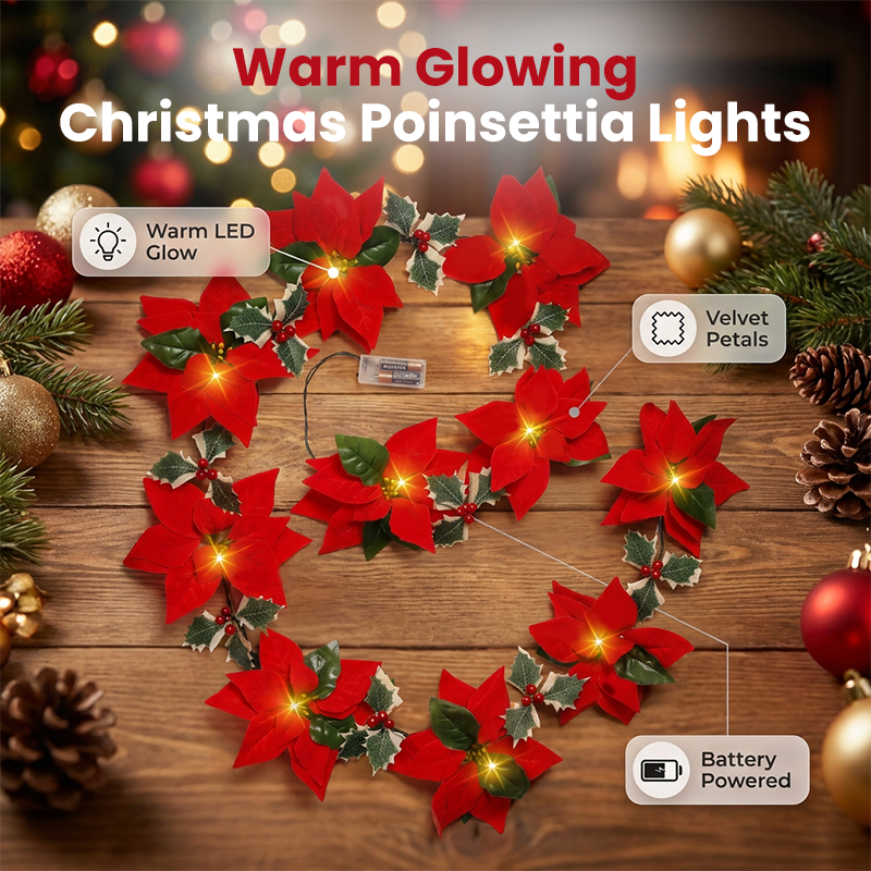 Guirlande de Noël florale Poinsettias lumineux, ambiance chaleureuse, habillez votre intérieur de tradition et de douceur, pour des fêtes inoubliables en famille