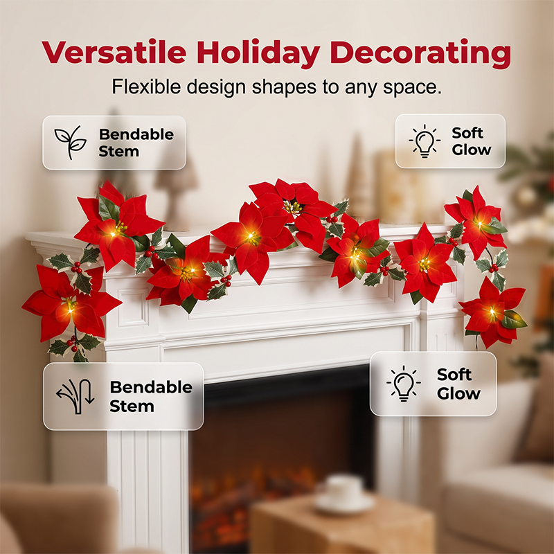 Guirlande de Noël florale Poinsettias lumineux, ambiance chaleureuse, habillez votre intérieur de tradition et de douceur, pour des fêtes inoubliables en famille