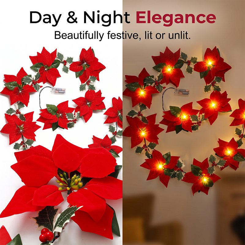 Guirlande de Noël florale Poinsettias lumineux, ambiance chaleureuse, habillez votre intérieur de tradition et de douceur, pour des fêtes inoubliables en famille