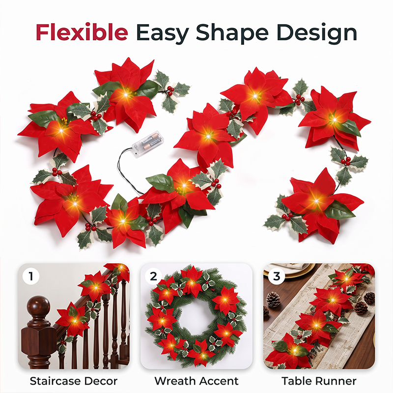 Guirlande de Noël florale Poinsettias lumineux, ambiance chaleureuse, habillez votre intérieur de tradition et de douceur, pour des fêtes inoubliables en famille