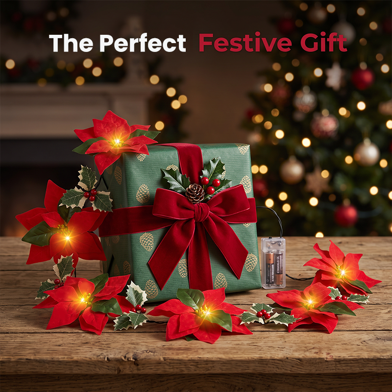 Guirlande de Noël florale Poinsettias lumineux, ambiance chaleureuse, habillez votre intérieur de tradition et de douceur, pour des fêtes inoubliables en famille