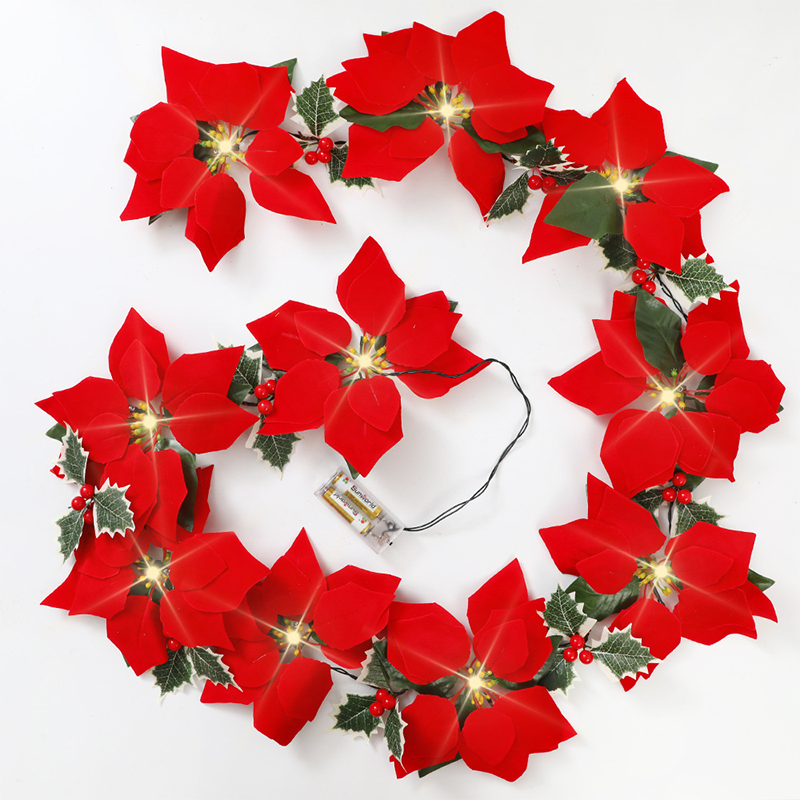 Guirlande de Noël florale Poinsettias lumineux, ambiance chaleureuse, habillez votre intérieur de tradition et de douceur, pour des fêtes inoubliables en famille