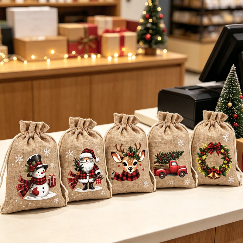 Sacs cadeaux de Noël à cordon imprimés festifs en tissu durable pour emballage chic et réutilisable.