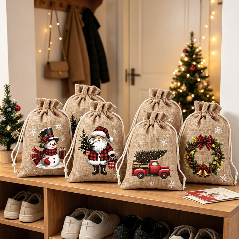 Sacs cadeaux de Noël à cordon imprimés festifs en tissu durable pour emballage chic et réutilisable.