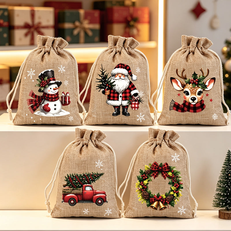 Sacs cadeaux de Noël à cordon imprimés festifs en tissu durable pour emballage chic et réutilisable.