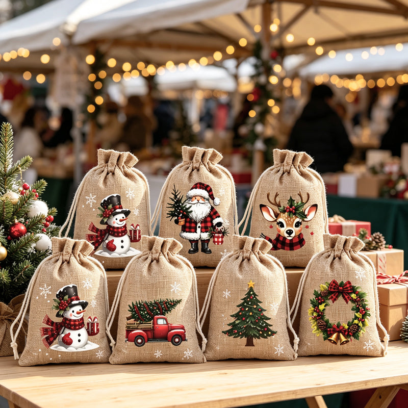 Sacs cadeaux de Noël à cordon imprimés festifs en tissu durable pour emballage chic et réutilisable.