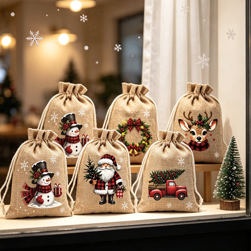 Sacs cadeaux de Noël à cordon imprimés festifs en tissu durable pour emballage chic et réutilisable.