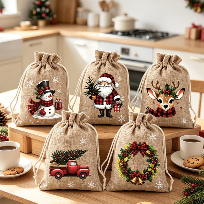 Sacs cadeaux de Noël à cordon imprimés festifs en tissu durable pour emballage chic et réutilisable.