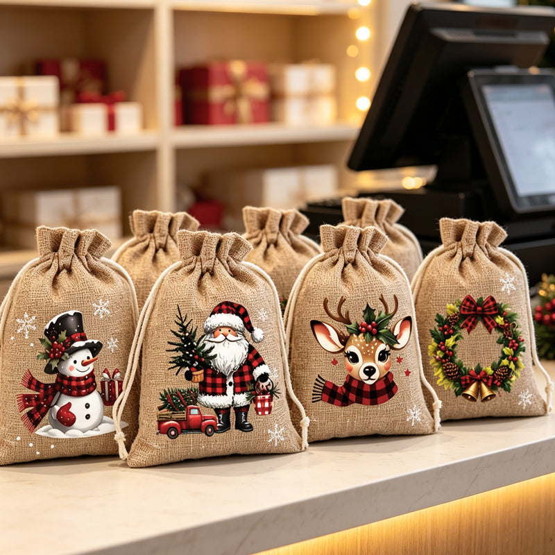 Sacs cadeaux de Noël à cordon imprimés festifs en tissu durable pour emballage chic et réutilisable.