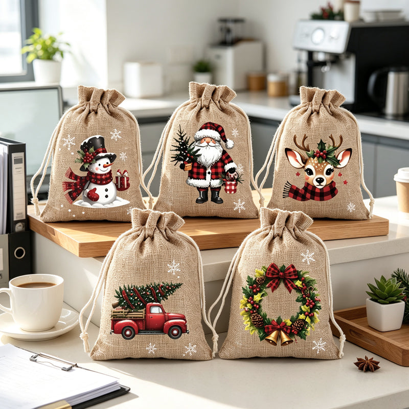 Sacs cadeaux de Noël à cordon imprimés festifs en tissu durable pour emballage chic et réutilisable.