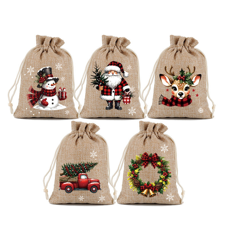 Sacs cadeaux de Noël à cordon imprimés festifs en tissu durable pour emballage chic et réutilisable.