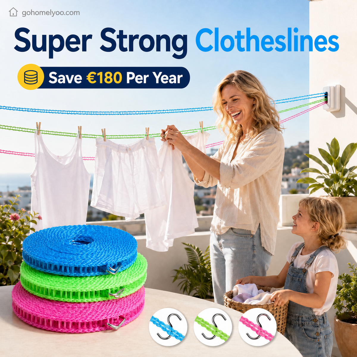 1 acheté, 1 offert : Corde à linge anti-vent et antidérapante. Fini les problèmes de linge par temps venteux.
