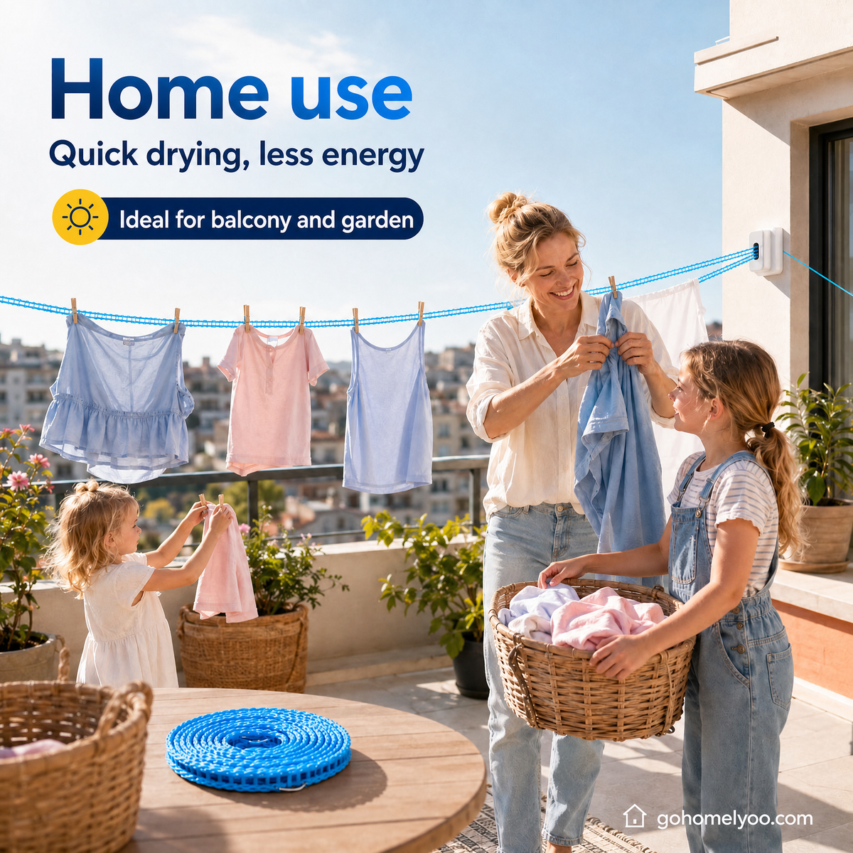 1 acheté, 1 offert : Corde à linge anti-vent et antidérapante. Fini les problèmes de linge par temps venteux.
