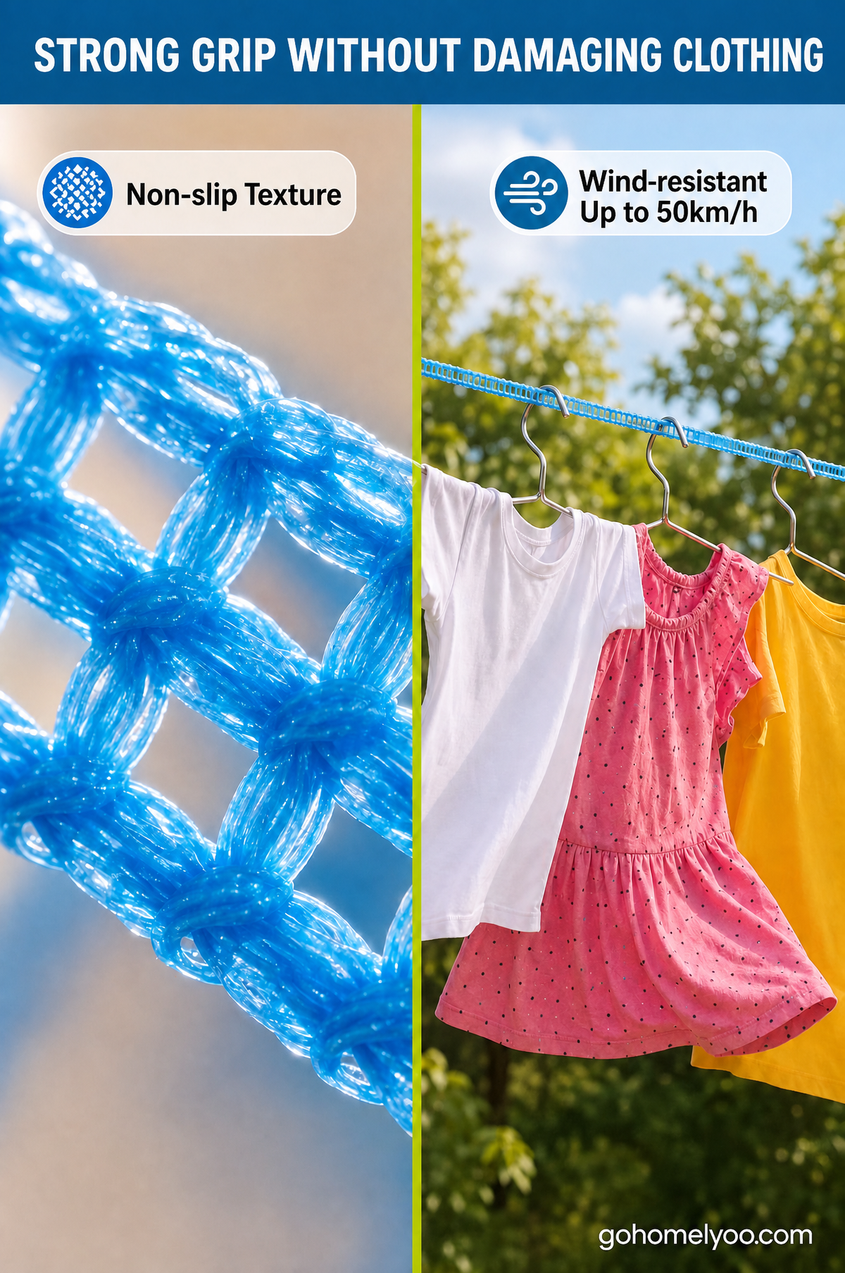 1 acheté, 1 offert : Corde à linge anti-vent et antidérapante. Fini les problèmes de linge par temps venteux.