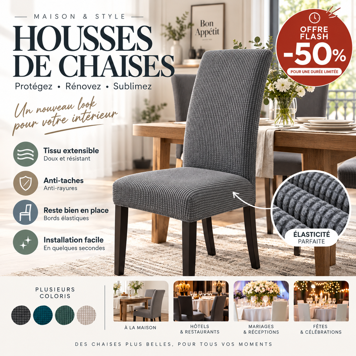 Réduction Housse de chaise extensible Ajustement parfait, anti-tache, protège et rénove vos chaises facilement