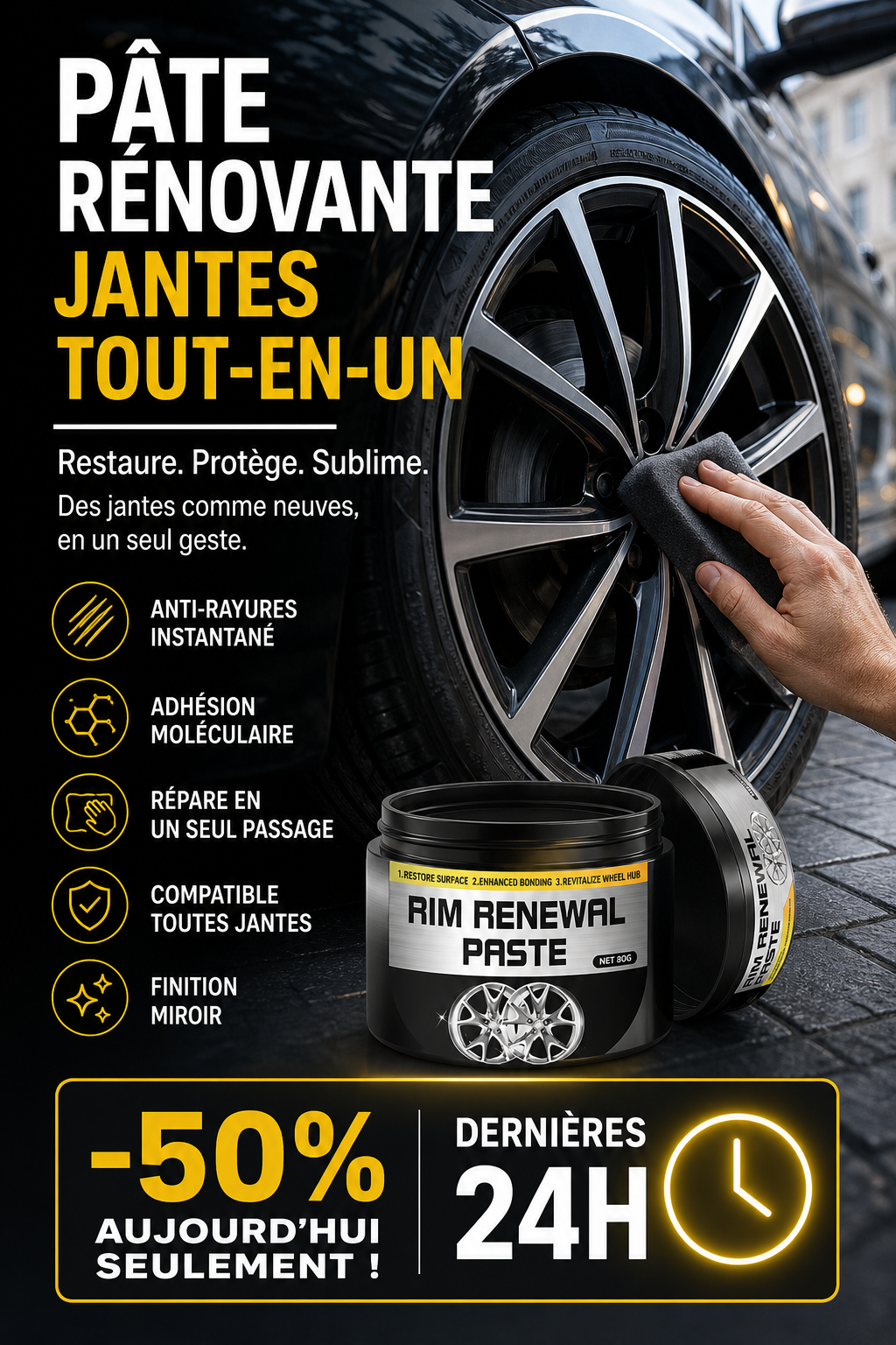 RÉDUCTION Pâte Restauratrice Tout-en-Un pour Jantes Efface les Rayures, Redonne Brillance & Protège Durablement
