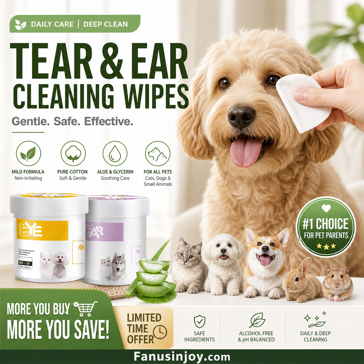 1 acheté 1 offert Lingettes nettoyantes yeux et oreilles à base de plantes, sans parfum, nettoient en douceur les yeux et les oreilles de votre compagnon à quatre pattes