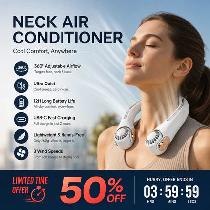 Ventilateur de cou portable rotatif 360°, ultra-silencieux 45 dB, 3 vitesses, longue autonomie USB, mains libres, blanc & rose. Achetez-en 2 = -10 %