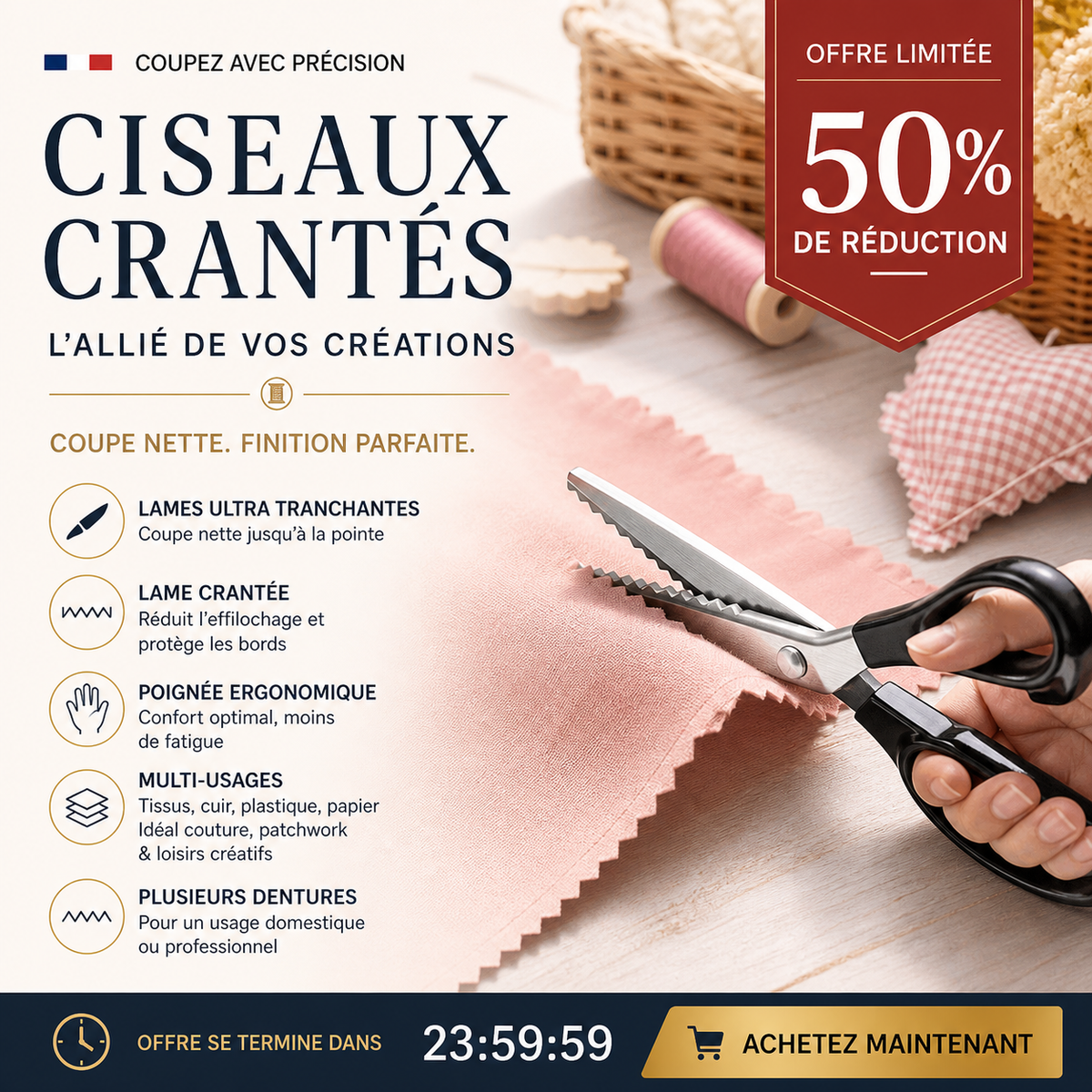 Ciseaux cranteurs en acier inoxydable à poignée ergonomique, anti-effilochage pour tissu, papier et cuir.