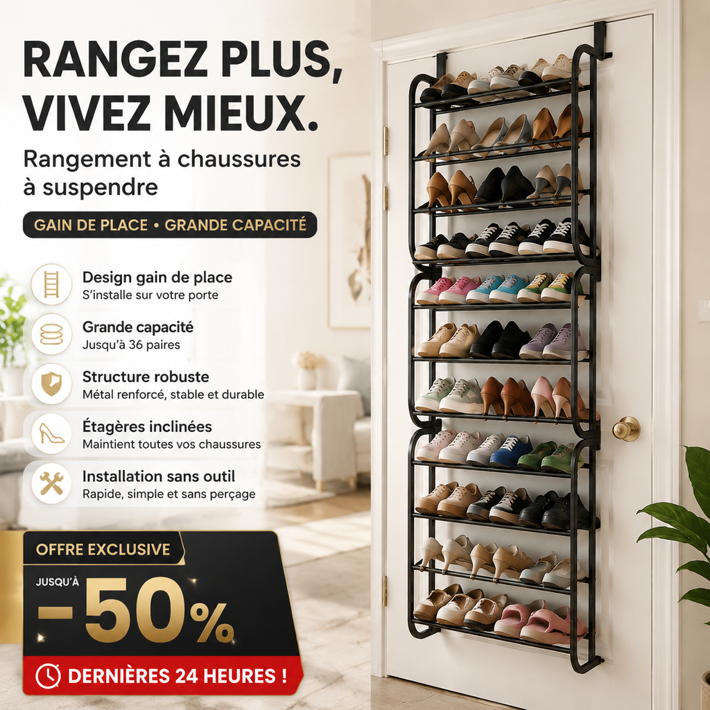 Organisateur de chaussures suspendu pour porte, jusqu'à 36 paires, métal robuste et stable, étagères inclinées antidérapantes pour talons, bottes et baskets, installation sans outils en quelques secondes, 3 coloris, 4-8-12 niveaux