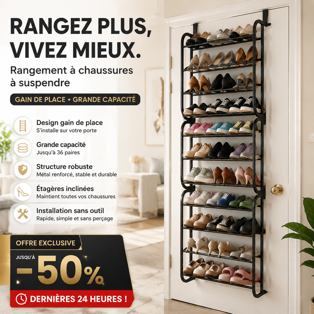 Organisateur de chaussures suspendu pour porte, jusqu'à 36 paires, métal robuste et stable, étagères inclinées antidérapantes pour talons, bottes et baskets, installation sans outils en quelques secondes, 3 coloris, 4-8-12 niveaux